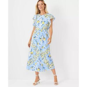 Ann Taylor petite ruffle sleeve Blue and Yellow Lemon Floral Dress